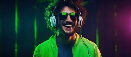 Man with headphones enjoying music and dancing DJ with joyful smile hipster teen lifestyle portrait with green background and neon lights open area for te photo