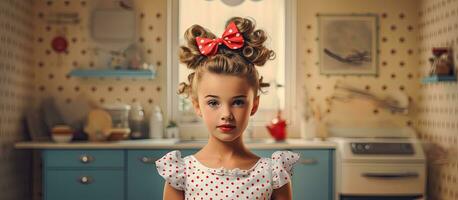 Child in polka dot dress with curlers attends to household chores in a pin up fashion style photo