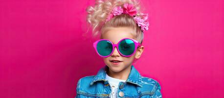 Beautiful girl with trendy hairstyle and pink sunglasses posing in denim jacket against fuchsia background photo