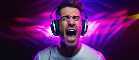 Male vocalist wearing headphones listening to music singing with open mouth recording studio DJ hipster lifestyle portrait with purple background neon lig photo
