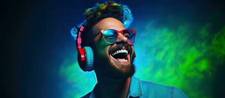 Hipster man wearing headphones dancing and singing with an open mouth smile in a portrait with a blue background and mixed neon light showcasing his fashi photo