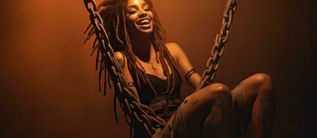 Smiling woman with colorful dreadlocks sitting on swing in well lit room with houseplant in foreground Empty area for text photo