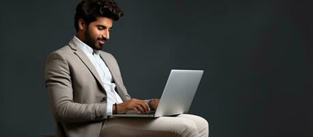 Handsome Indian freelancer using laptop at home browsing the internet and working online gray background photo