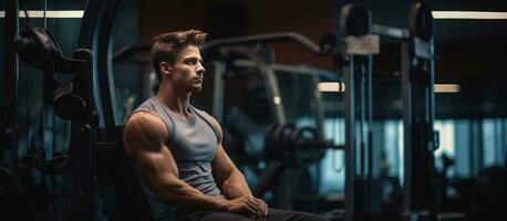 Fit young man resting in gym with empty space on the left photo