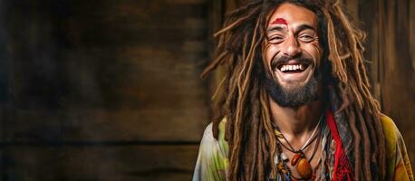 Smiling man resembling a hippie rastaman on grunge background photo