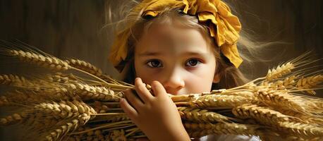 A young girl wearing a ear wreath and holding a bunch of wheat near ripe golden wheat Space for text photo