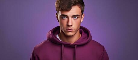 Fashionable young man model with a red sweatshirt poses on a purple background with room for text Youthful style men s haircuts photo