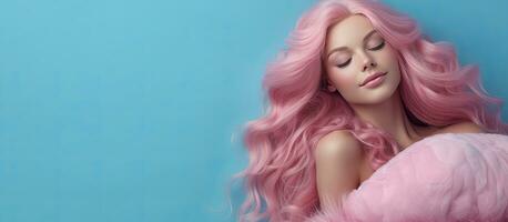 Stylish girl in pink with long pink hair smiles and hugs herself on blue background doll fashion concept photo