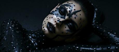 Abstract body painting art featuring a young woman with black hair lying on a shiny black floor with creative black dot accents photo