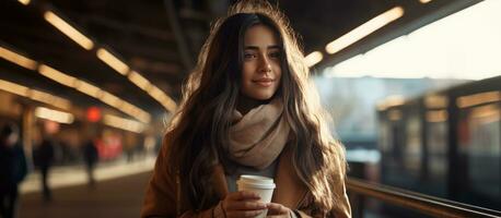 latina mujer disfrutando café en ferrocarril yarda con espacio para texto foto