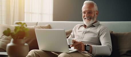 A Caucasian man happily purchases items online at home with his laptop and credit card representing e commerce and e banking photo