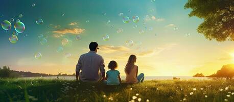 Family enjoying picnic and blowing bubbles at sunset in park text space Banner layout photo