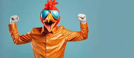 Eccentric man in orange shirt and casual pants having fun in funny chicken head mask dancing like a robot on light blue background photo
