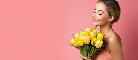 Caucasian girl with yellow tulips enjoying scent isolated on pink background photo