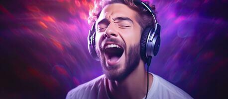 Male vocalist wearing headphones listening to music singing with open mouth recording studio DJ hipster lifestyle portrait with purple background neon lig photo