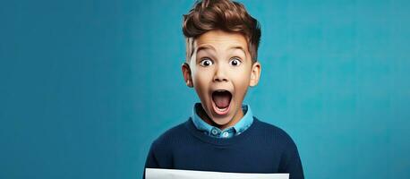 A surprised teenage boy holds an open laptop suggesting an educational concept with a blue studio background photo