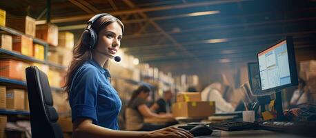 Female warehouse staff member with headset processing customer orders photo