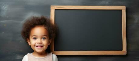 Cute child presenting empty chalkboard photo