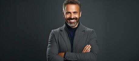 A friendly middle aged man with a beard confidently posing against a grey studio background arms folded and making eye contact with the camera photo