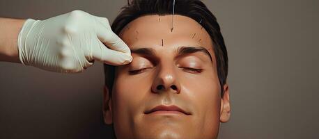 Male cosmetologist uses pencil to mark injection points for botulinum therapy on face with copy space photo