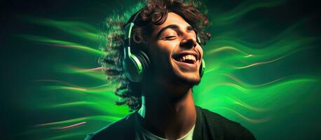 Adolescent boy enjoying music dancing and singing with closed eyes happy DJ and smile trendy teen lifestyle portrait on green background with neon lights photo