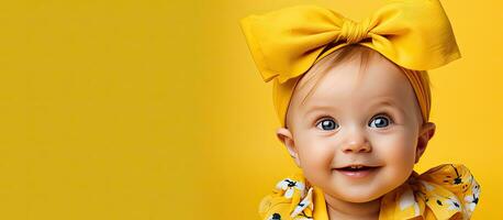 Studio portrait of a lovely baby wearing a summer dress and a large yellow bow on her head against a gray backdrop with room for text photo