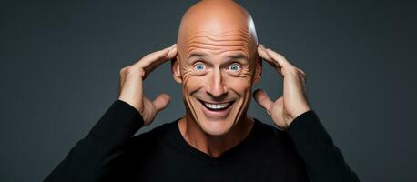 Mature bald man confidently poses with hand on head smiling at camera copy space photo