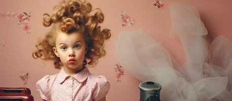 Child in polka dot dress with curlers attends to household chores in a pin up fashion style photo