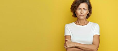 Sad and thoughtful middle aged woman in a white t shirt in a yellow studio gazing at blank area photo