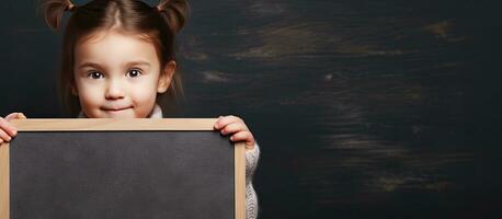 Cute child presenting empty chalkboard photo