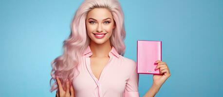 Girl posing with passport and suitcase on blue background in Barbie style pink shirt smiling copy space photo