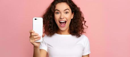 A victorious young woman advertises a blank smartphone screen happily wearing a white t shirt against a pink background photo