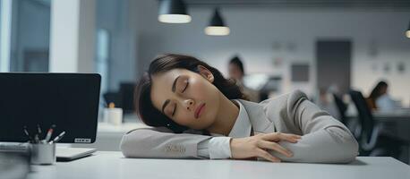joven mujer cansado y soñando en oficina foto