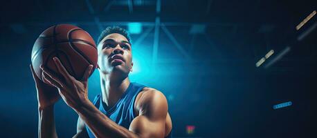 birracial masculino baloncesto jugador en azul Deportes atuendo disparo aros a el gimnasio deporte actividad y estilo de vida sin alterar Copiar espacio disponible foto