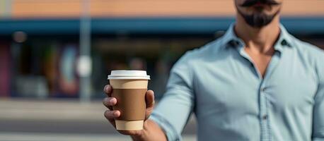 A young man possibly Caucasian holding a cup waiting in a parking lot checking his wristwatch photo