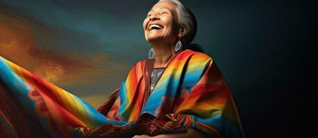 Elderly Latin grandmother wearing a poncho or ruana laughs in front of an empty area photo