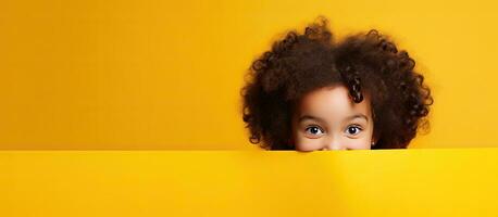 Child happily holding yellow paper space for ad photo