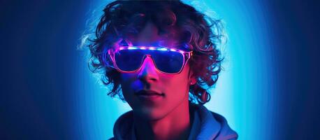 Close up portrait of a stylish young man in black attire sporting glasses and curly hair against a blue background adorned with mixed neon lights embodyin photo