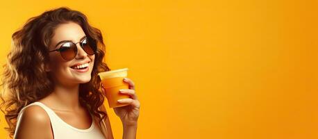 Smiling brunette woman drinking coffee isolated with blank space for text photo