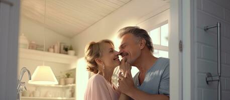 Couple brushing teeth together man kissing wife morning hygiene joyful bonding photo