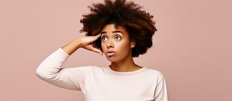 African woman looking perplexed annoyed and pointing towards her head while standing against a pink background photo