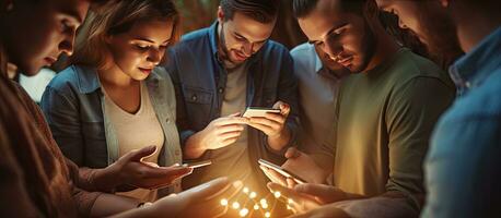 Group of friends obsessed with technology gathering in a circle engrossed in mobile phones Vertical photo with space for copy