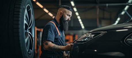 A car mechanic with a beard checks tire pressure in a garage photo