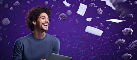 Cheerful college student writing in notebook with blank speech bubbles over purple background Portraying creativity expression and education Copy space photo