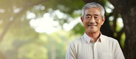 Asian elderly man smiling in park Korean pensioner standing with arms crossed outdoors photo