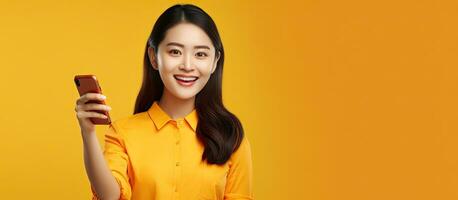 Asian woman in her 30s happy and using smartphone pointing to empty space on yellow background for new mobile app idea photo