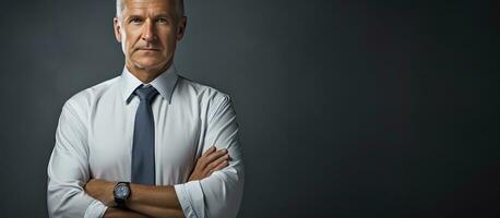 Studio half portrait of a senior man in a shirt and tie standing with arms crossed against an isolated background Side profile with copy space photo