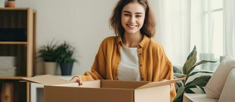 Woman with short hair happily unpacking in cozy bedroom of new home with window and empty space photo