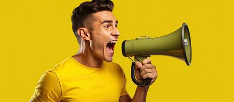 A young man of Latin descent wearing a printed shirt uses a megaphone Copy space available photo