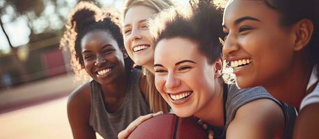 Female friends diverse and joyful wear sports attire unite at a basketball court space to add text Sport activity friendship and lifestyle remain unchange photo